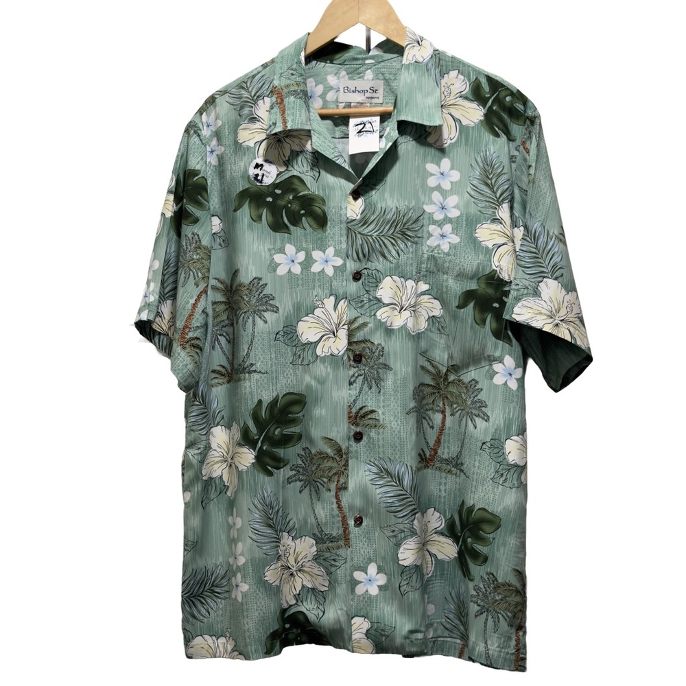 Vintage Bishop St. Apparel Green Floral Palm Tree Aloha Hawaiian Shirt Size L